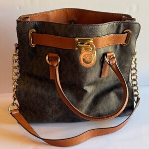 Michael Kors Brown and Tan Shoulder Bag with Gold Accents